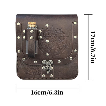 HiiFeuer Medieval Alchemy Faux Leather Belt Bag with Cork Potion Vials, Fantasy Wizard Waist Pouch Side Pack for Halloween (Brown C)