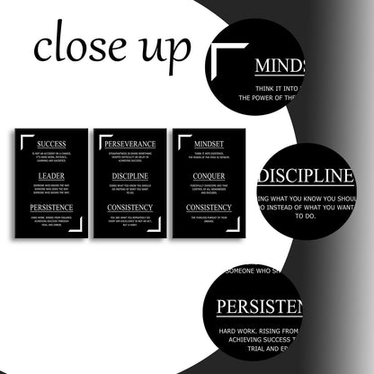 YSPCSUN Triptych Wall Decor Inspirational Posters for Office, Black White Discipline Consistency Quote 3 Panel Canvas Prints for Home Office Dorm Classroom, 48x24 Inch Display