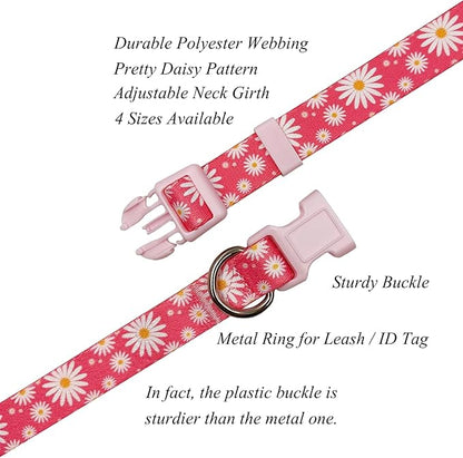 Dog Collar Leash Set, Floral Pattern, Polyester Material, Adjustable Collar and 5ft Matching Leash, for Small Dogs.(S, Daisy)