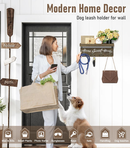buways Wall-Mounted Key and Mail Holder, Wooden Key Rack with 4 Double Key Hooks, Rustic Home Decor for Entryway