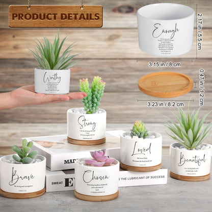 Fumete 12 Pcs Bible Verse Succulent Pots with Tray Drainage, 3 x 2 in Inspirational Mini Ceramic Flower Planter Christian Religious Gifts for Women Men Teacher Guest Staff Church(Affirmation Series)