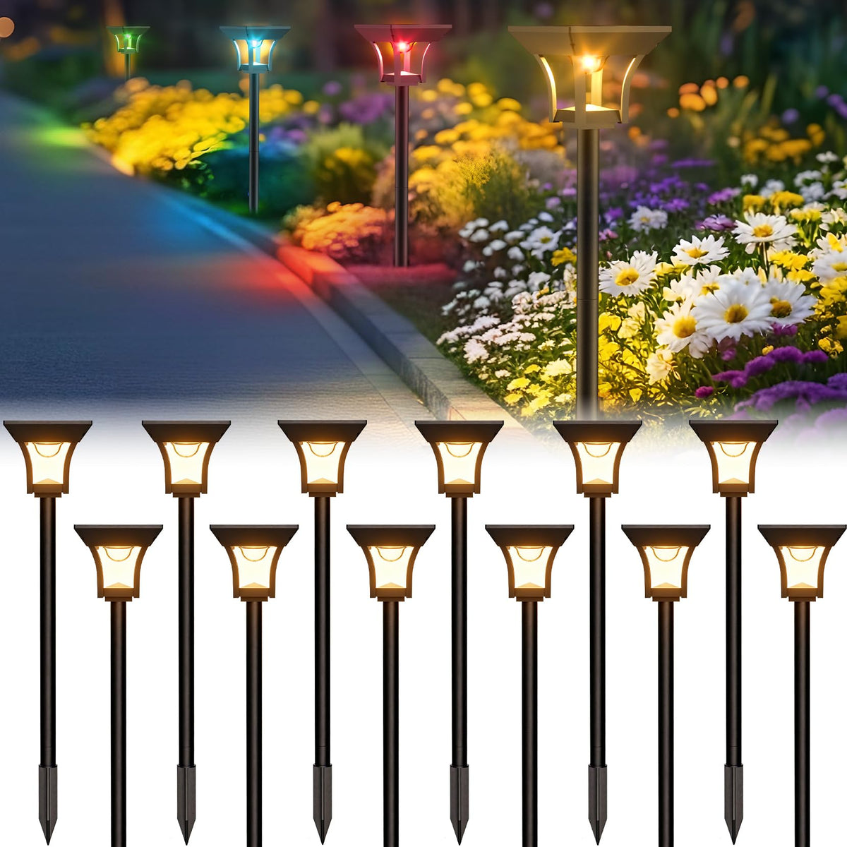 CINOTON 12 Pack RGBCW Solar Pathway Outdoor Lights, 3 Lighting Modes Solar LED Garden Lights, IP65 Waterproof Outside Solar Powered Landscape Lighting for Planter Lawn Pool Balcony RGB/Warm/Cold White