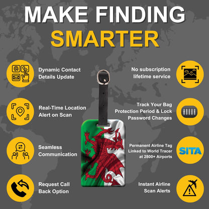 [Pack 2] tag8 Wales Flag Tag Smart Bag tag |Trendy Luggage tag ID Identification | Suitcase Tag | Fashionable Digital Name tag | Airline Compliant, SITA World Tracer Code Enabled | Gift idea