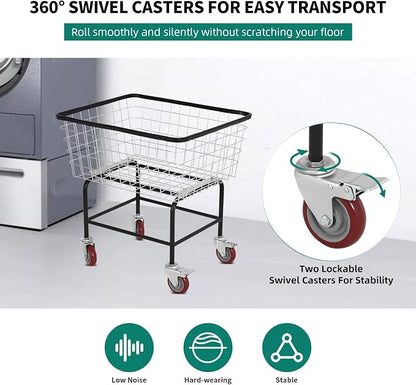 Wire Laundry Cart with Wheels, 2.5 Bushel Rolling Laundry Basket, Commercial Basket Carts for Laundry Room, Hotel, Home, Apartment Use, Durable Steel Frame with Galvanized Finish, 5" Casters