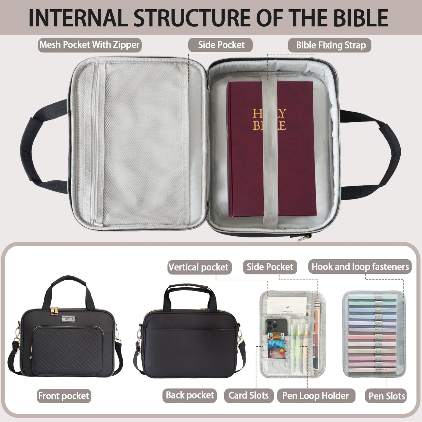 Bible Cover for Women Bible Case, Large Bible Bag, Bible Study Supplies Bible Journaling Kit Book Carrying Case with Bible Highlighters Tabs, Valentines Day Christian Gifts for Women (Black)