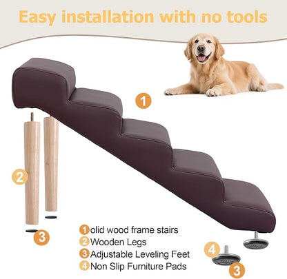 5-Step 23.6" H Dog Stairs for Bed Couch, Waterproof & Scratch PU Leather Pet Steps for Senior Large Dogs and Cats, Dog Ramp with 220 lbs Maximum, Oak Leg & Solid Wood, Non-Slip Feet,Brown