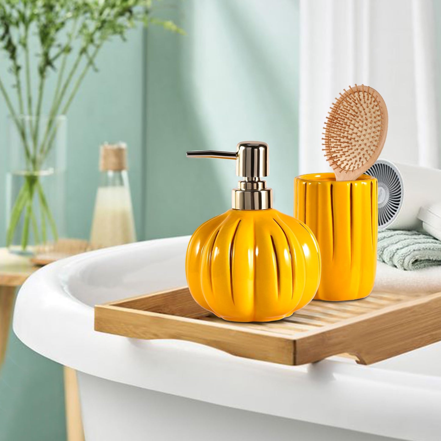 Ceramic Bathroom Accessories Set of 3, Thanksgiving Pumpkin Bathroom Decor, Fall Bathroom Sets Complete -Toothbrush Holders, Soap Dispenser, Soap Dish, Bathroom Organizer for Countertop