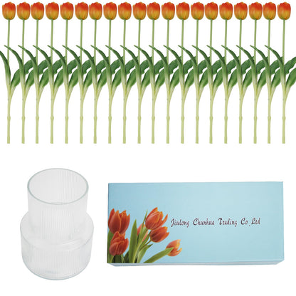 20 Pcs Real Touch Artificial Tulips with Vase, Large Faux Flower Arrangement in Heavy Fluted Glass, Bouquet for Dining Table Centerpiece, Home Office, Spring Decor, Set with Dust Bag (Orange)