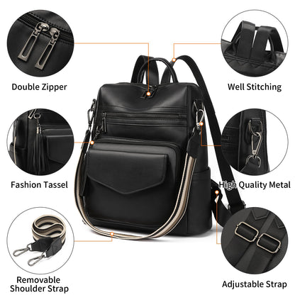 GAEKEAO Backpack Purse for Women Fashion Leather Designer Travel Backpack Purses Convertible Shoulder Bag with Wristlet (Shiny Black)
