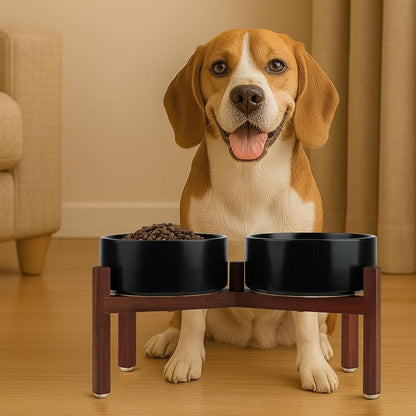 SPUNKYJUNKY Raised Ceramic Dog Bowls Set with Non-Slip Acacia Wood Stand for Medium Sized Dog(42.27 OZ, Black)