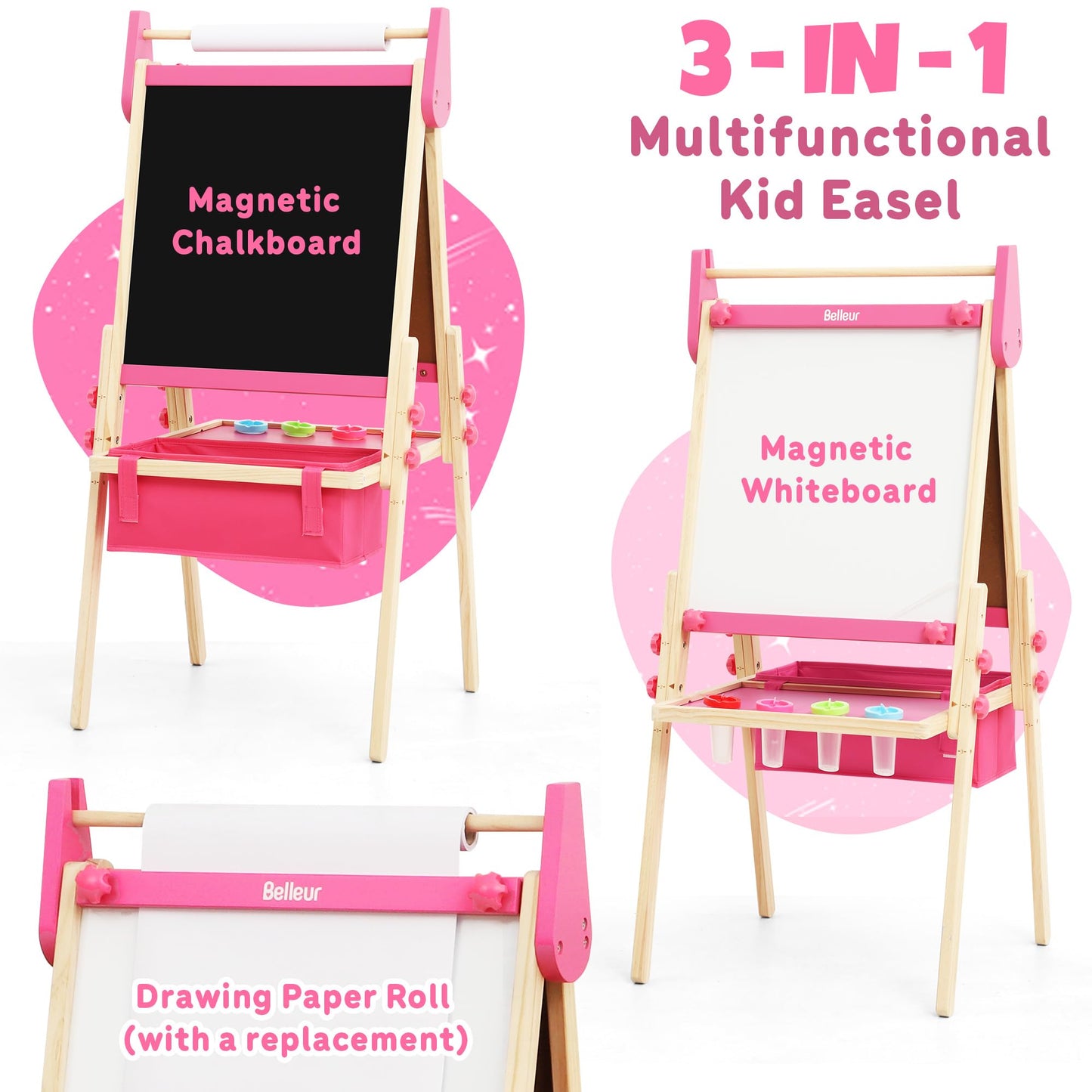 Belleur All-in-One Art Easel for Kids, Adjustable Double Sided Easel for Toddlers with Magnetic Whiteboard & Dry-Erase Chalk Board & Paper Roll, Child Painting Easel for Kid 2-8 Birthday Gift - Pink