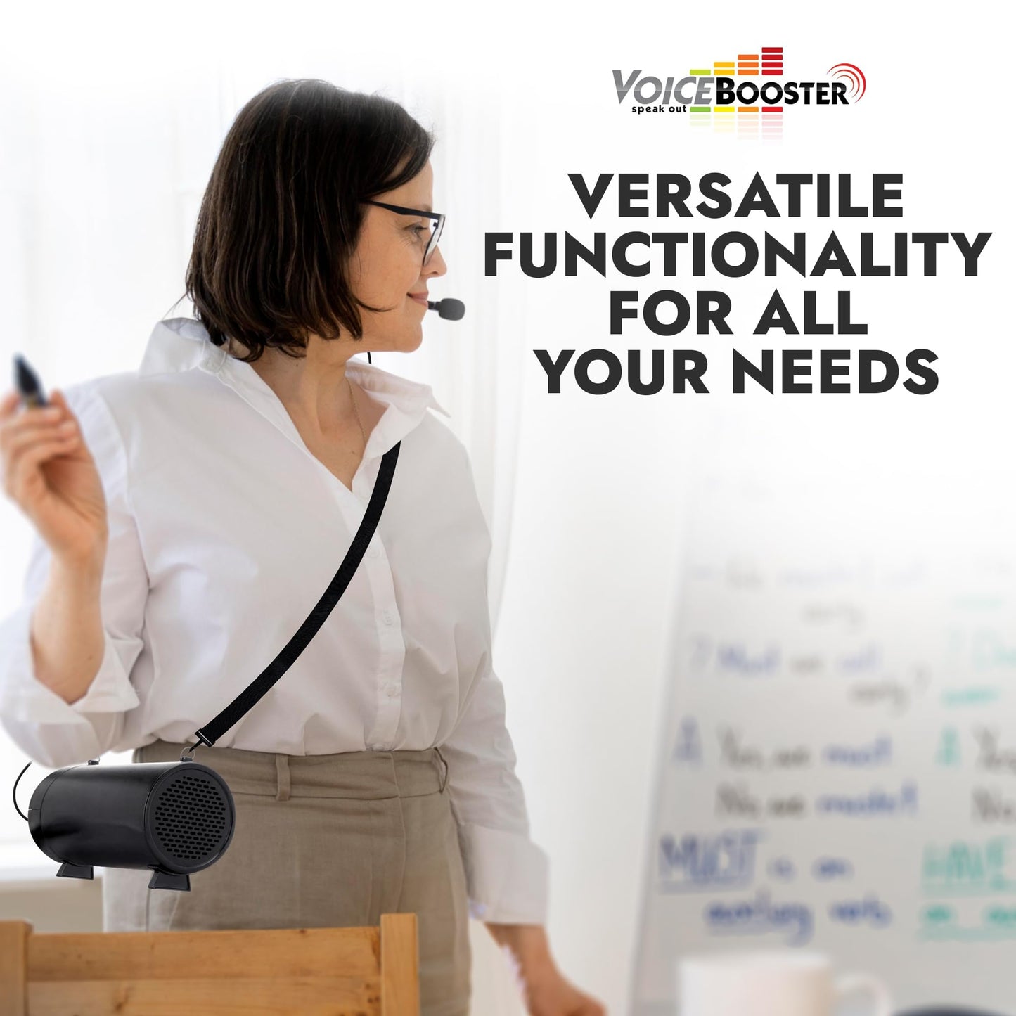 VoiceBooster Portable Voice Amplifier for Teachers - 25W Rechargeable Portable Speaker with Microphone Headset for Classroom, Tour Guide, Public Speaking, Built-in MP3 Player & FM Radio - MR-AK38