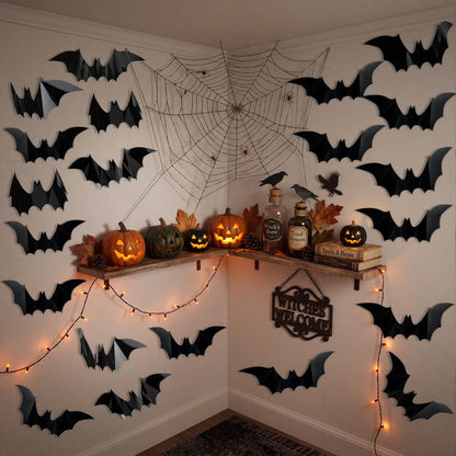 Pinkunn 20 Pcs Large Halloween Bats Wall Decor 15.7 x 5.9 Inch 3D Black Scary Wall Stickers Reusable PVC Gothic Bat Decals for Halloween Party DIY Home Window Door Decorations