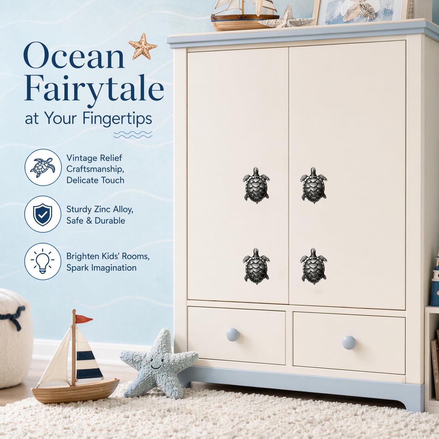 Jinyuanchao Ocean Turtles Handle 4PCS, Metal Dresser Drawer Cabinet Door Knobs Pulls Handles Home Bathroom Beach Nautical Coastal/Forest Decor Animal Series (Turtle, Pewter)