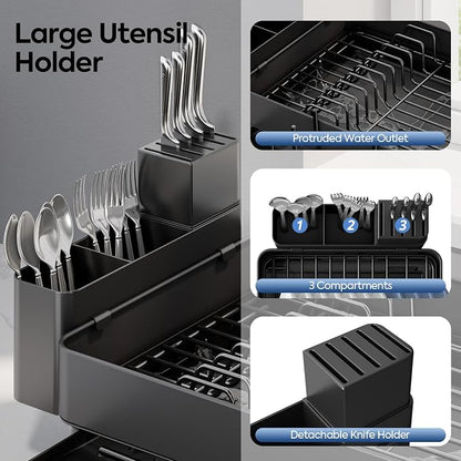 Expandable Dish Rack with Drainboard - Stainless Steel Dish Drainer with Removable Cutlery Tray, Foldable Cup Holder, Elevated Feet, Multifunctional Drainboard for Sink Countertop Kitchen Storage