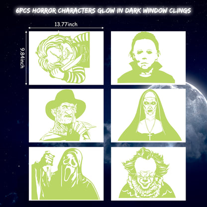 Eartim Halloween Glow In Dark Window Clings - 6Pcs Scary Classic Movie Characters Glowing Decals Seamless Green Luminous Stickers for Halloween Party Decoration Haunted House Window Glass Mirror Decor