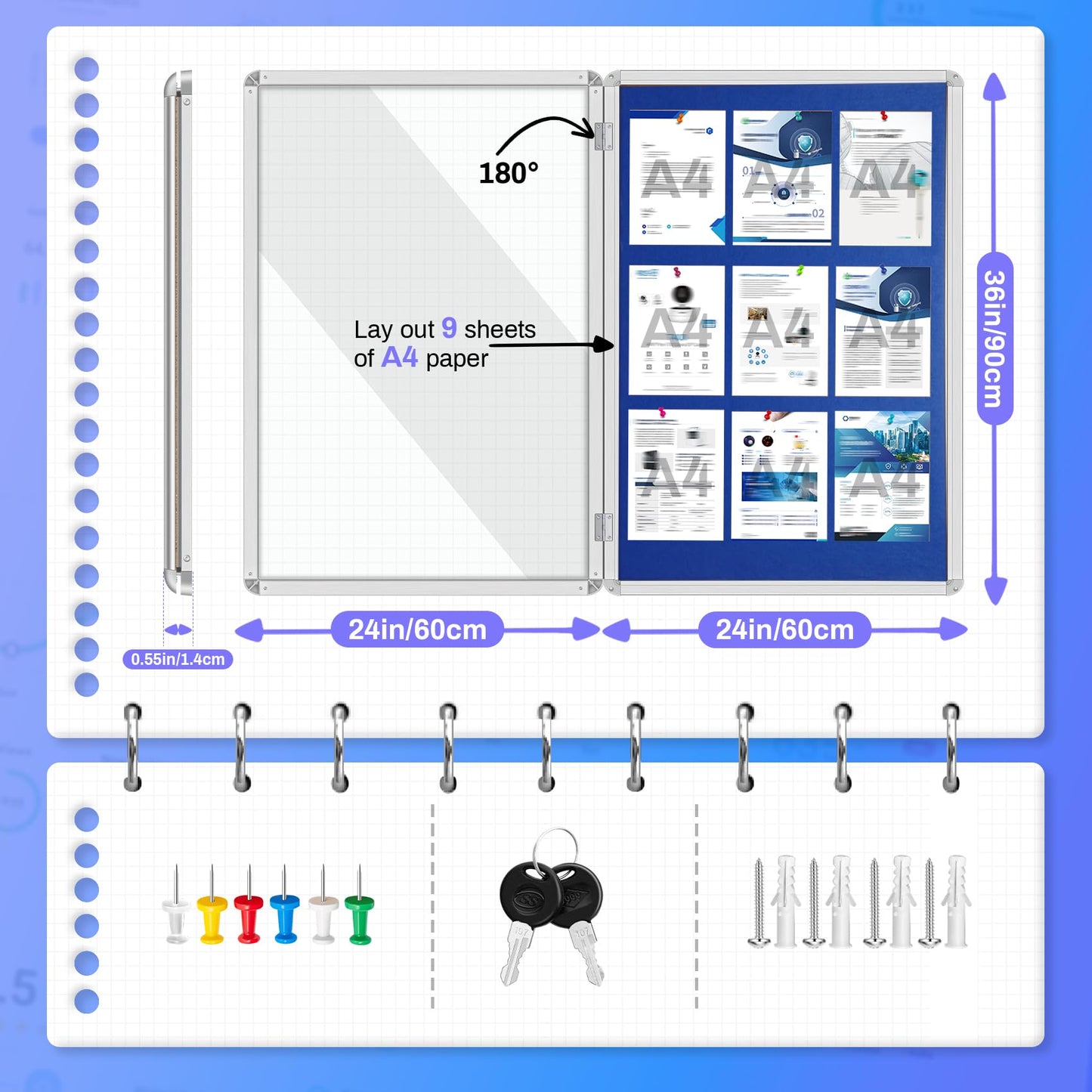 Magula 36"x24" Enclosed Bulletin Board Tamper-Proof Dispaly Case, Aluminium Frame, Shatter Resistant Lockable Bulletin Board, Lockable Noticeboard for School, Office, Commercial, Hospital etc