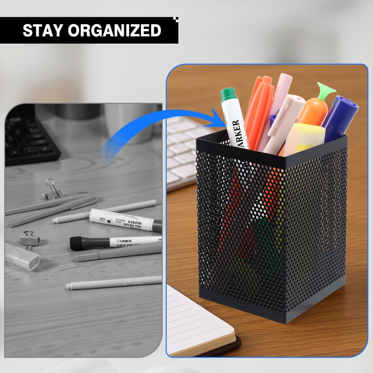 Comix Mesh Pen Holder Desk, Wire Pencil Holder with Foam Pad and Non-Slip Bottom Office Supplies Desk Organizer for Home Office School, 2 Packs