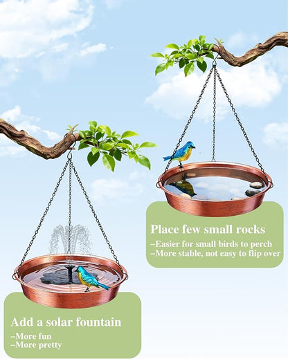 Hanging Bird Bath for Outside, 11.5” Antique Copper Metal Birdbath Bowl & Feeder with Black Chain for Outdoor Garden Yard Decor (0.7 Gallon)