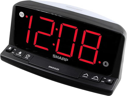 Sharp Digital Alarm Clock, 1.8" Red LED, Night Light, Loud Alarm, Black | Front keyboard controls, 9-minute snooze, AC powered, 9V settings backup, across-room viewing, bedroom, nursery, bathroom