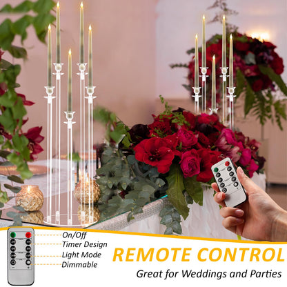 Barydat 4 Set 5 Arms Acrylic Candelabra Centerpieces for Wedding, Clear Candlesticks Holders with 20 LED Candles 2 Remote Timer 22 Rubber Candle Rings for Halloween Christmas Party Dinner Decoration