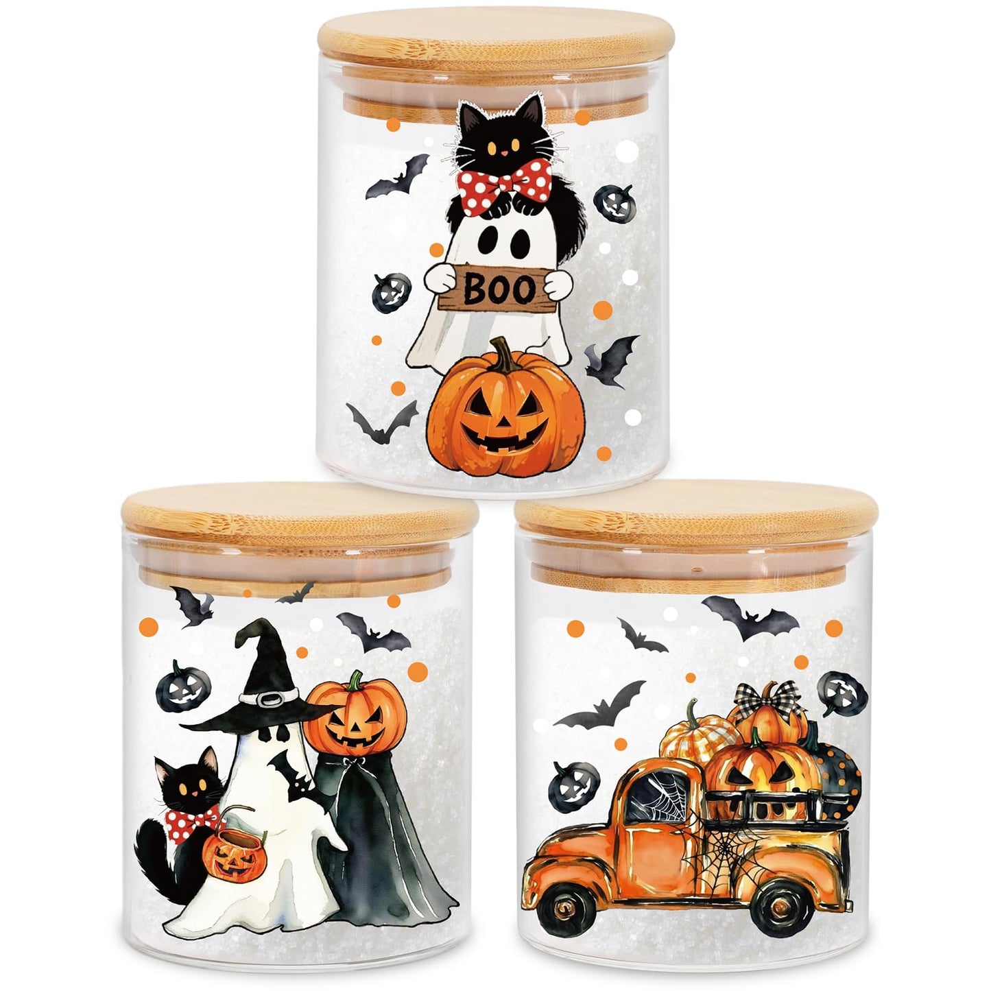 JarThenaAMCS 3Pcs Halloween Glass Storage Jars with Airtight Lid Ghost Pumpkin Truck Decorative Canisters Sets for Home Kitchen Countertop