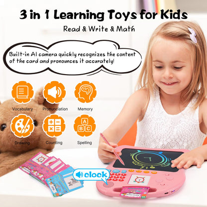 Kids Educational Learning Toys with Math Games,Talking Flash Cards and Writing Drawing Tablet, Speech Therapy Autism Sensory Toys Gifts for Toddler Preschool Activities Boys Girls Ages 3-10 (Pink)