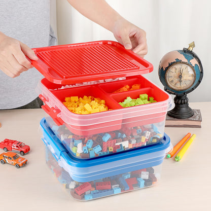 OGANAZI Plastic Storage Container with Bricks Baseplate Lid for Building Blocks, Bricks Building Set Organization Bin with Compartments Tray, Stackable Storage Box Building Block Chest Case (Red)