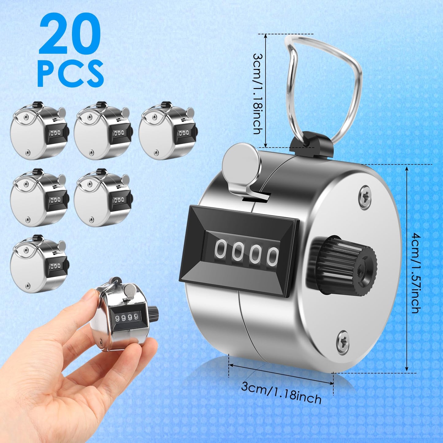 TMWEFUSC 20 Pack Clicker Counter， 4-Digital Metal Handheld Tally Counter， Hand Counter Clicker with Hanging Hook Pitch Counter for School Sport Event,Coaching Counting Numbers