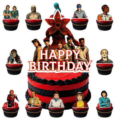 25 Pcs TV Series Character Happy Birthday Cake Toppers, Horror Theme Cake Topper, Includes 1 Happy Birthday Topper and 24 Dessert Decorations.