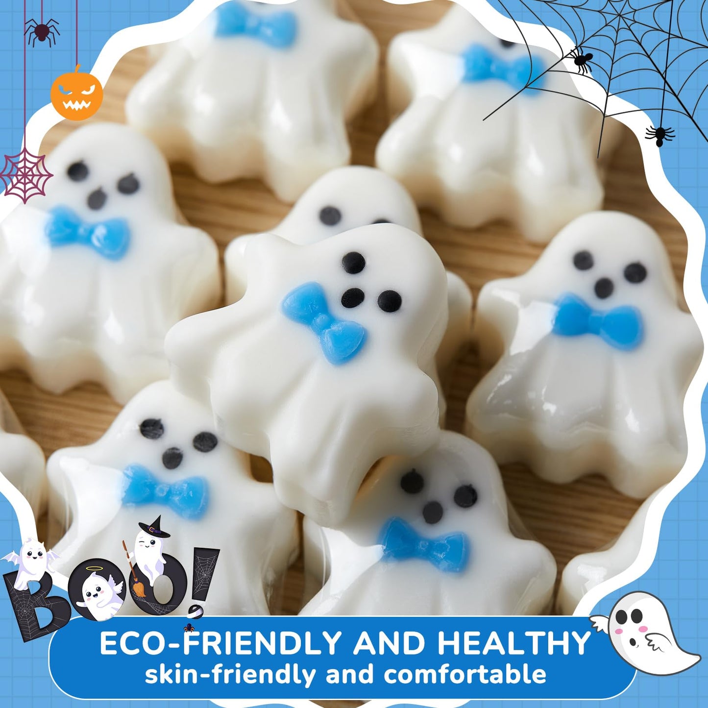 Leelosp 12 Set A Little Boo is Almost Due Baby Shower Halloween Baby Shower Soap Favor Decorations Ghost Shaped Soap for Halloween Boo Party Supplies(Blue)