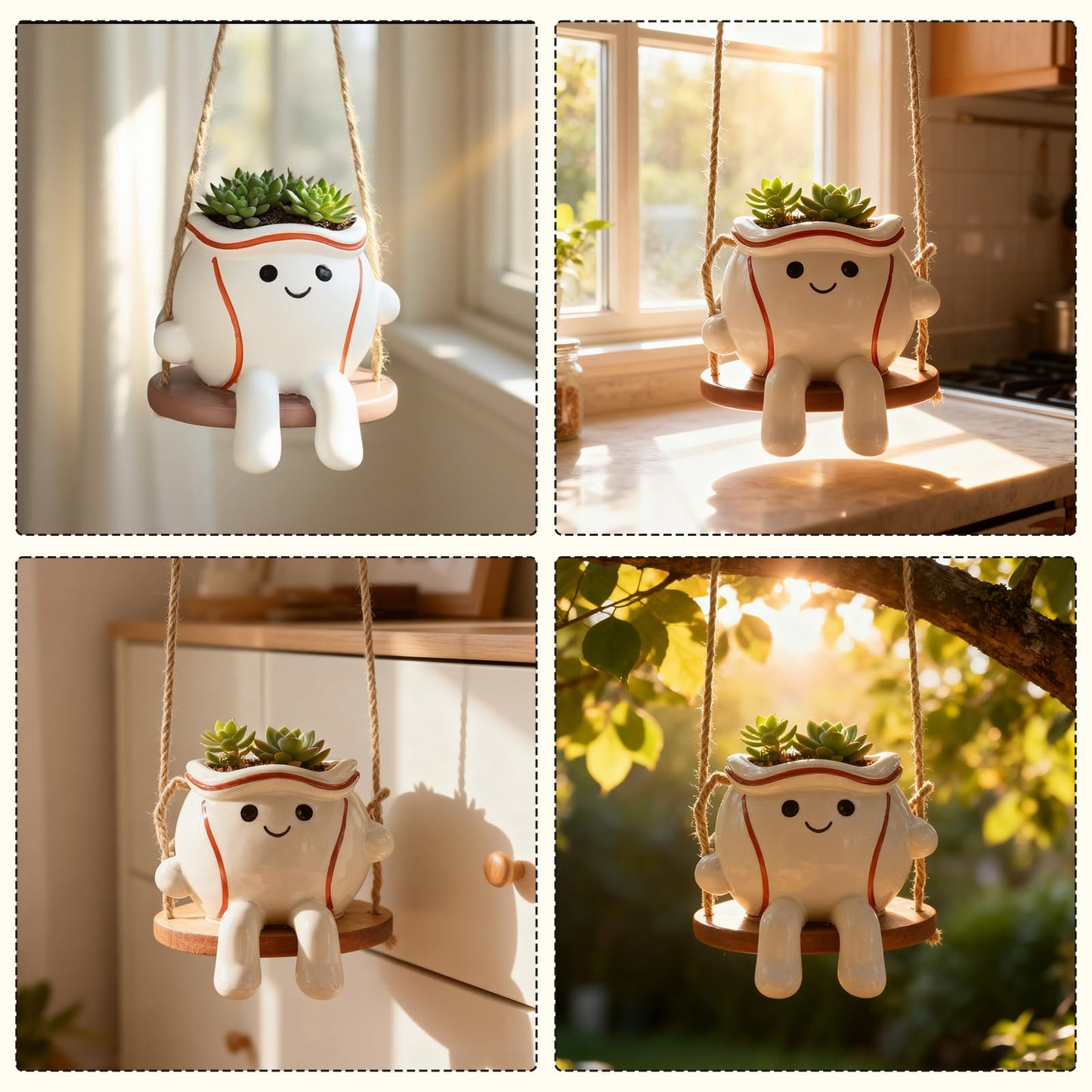 Abofth Smiley Baseball Swing Planter Pot – Cute Resin Hanging Flower Pot with Drainage Hole, Indoor Outdoor Fun Planters for Indoor Plants, Gifts for Plant Lovers, Succulent Pot for Small Plants