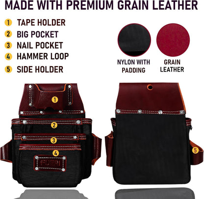 FUERI Electrician's Heavy Duty 26 Pocket Leather-Nylon Tool Belt & Suspender Combo, Comfort Back Support Padded Belt, 2 Large Storage Capacity Pouches, Best for Framers, Carpenter, Roofing