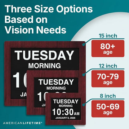 American Lifetime New 2026 Dementia Clock Large Digital Clock for Seniors, Alzeimer Clock Large Display with Custom Alarms, Clock with Day & Date for Elderly, Digital Calendar Premium Mahogany 12"