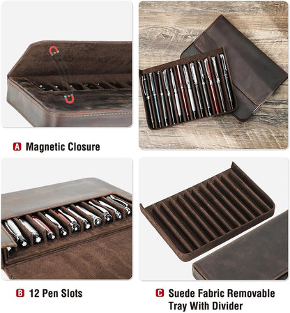 UPRESYE Leather Fountain Pen Case Collector Organizer, Pencil Case Handmade Pen Protective Sleeve (Magnetic 12 slots)