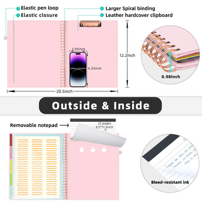 Ospelelf Leather Clipboard Folio with Notepad for Letter Size, Spiral Clipboard Folder with Storage Zipper Pouch, 5 Folders with 10 Pockets, 39 Divider Label Stickers, Pen Loop Series (Pink)