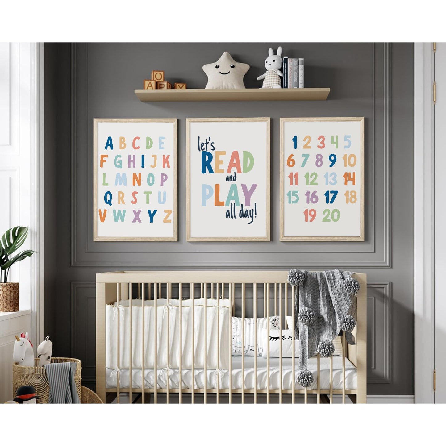Kids Playroom Wall Art Decor Alphabet Poster Play Room Canvas Wall Decor ABC Nursery Wall Art 123 Toddler Poster Let's Read for Boy Girl Room 12x16 Inch Wood Framed Set of 3
