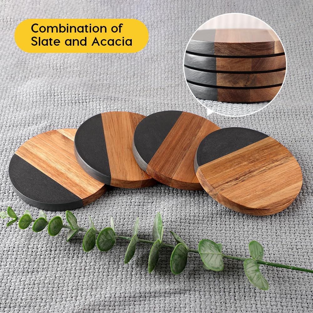 WLWNWFT Marble Acacia Wood Drinks Coasters Set of 4, Modern Rustic Wooden Coasters for Drinks Coffee Table Dining Table Desk Christmas Housewarming Home Office