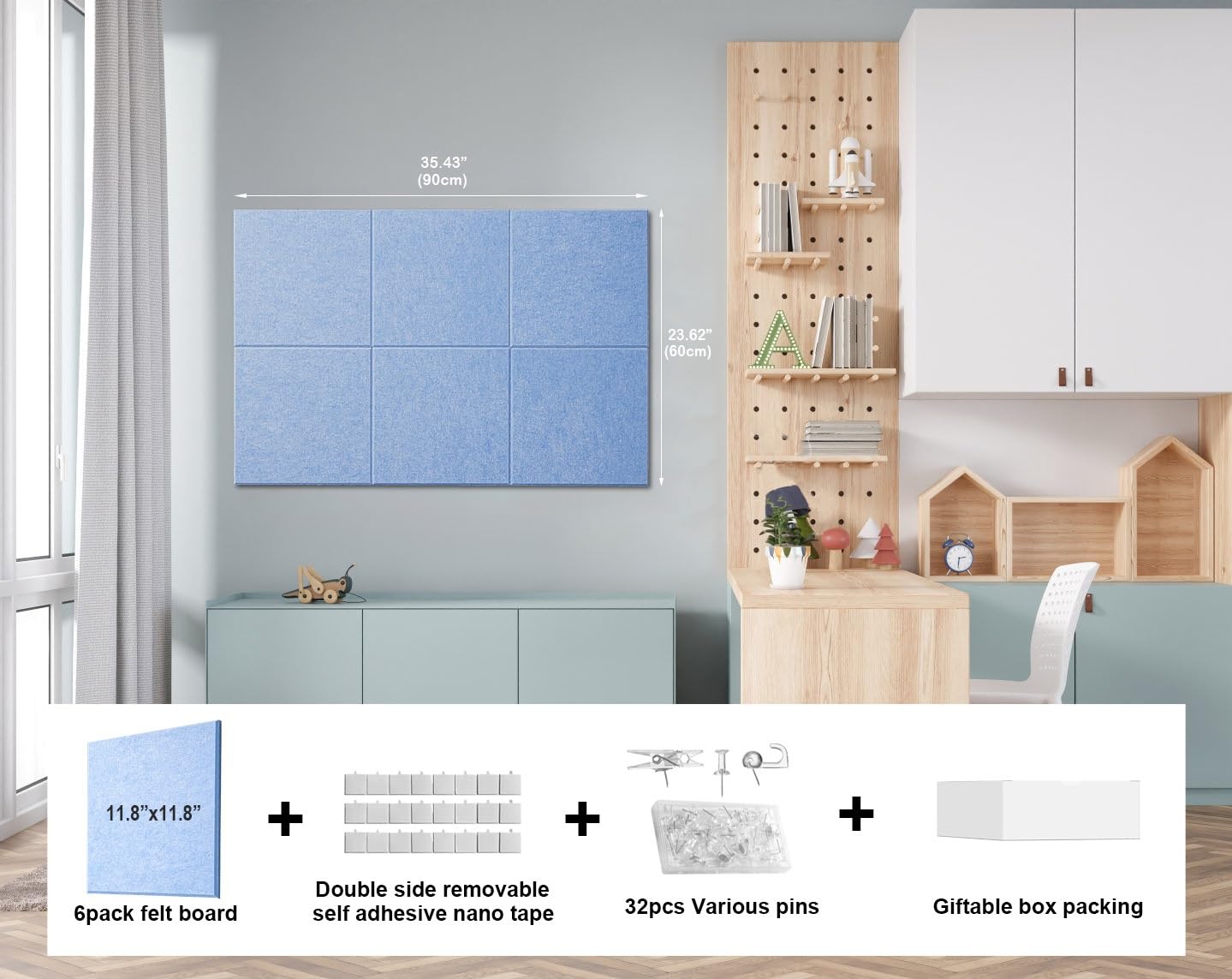 G Gamit Felt Wall Tiles Bulletin Board Large Cork Board Alternative 6 Pack 11.81”x11.81”x0.47” Felt Pin Board Tack Board with Safe Removable Adhesive Tabs for Home Office School 36x24 (Light Blue)