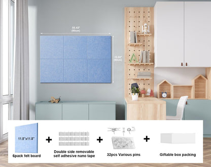 G Gamit Felt Wall Tiles Bulletin Board Large Cork Board Alternative 6 Pack 11.81”x11.81”x0.47” Felt Pin Board Tack Board with Safe Removable Adhesive Tabs for Home Office School 36x24 (Light Blue)