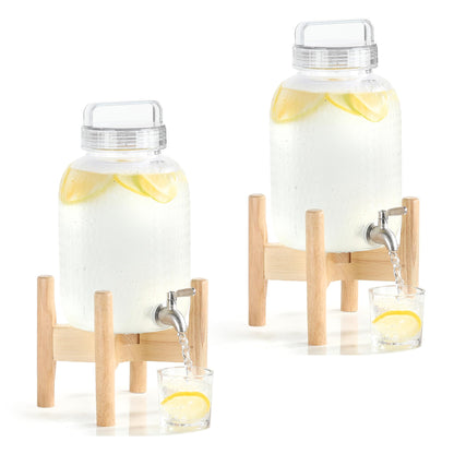 EGGKITPO 2 Pack 1.5 Gallon Drink Dispensers for Parties Hosting Wedding Beverage Dispenser with Wood Stand and Spigot, BPA-Free Polycarbonate Lemonade Container for Halloween Home Buffet Iced Tea