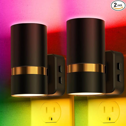 L LOHAS LED Night Light, 10-Color Changing Night Light with 180° Rotatable Plug, RGB Nightlight with Dusk to Dawn Sensor, Adjustable Brightness, Plug in Nightlight for Kids Bedroom Decor, 2 Pack
