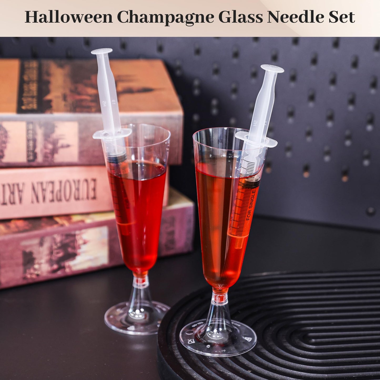 yeload Fun Halloween Champagne Flutes with Syringes – 12 Pack 5 oz Clear Disposable Wine Glasses – Spooky Party Cups for Adult Halloween Events & Easy Cleanup