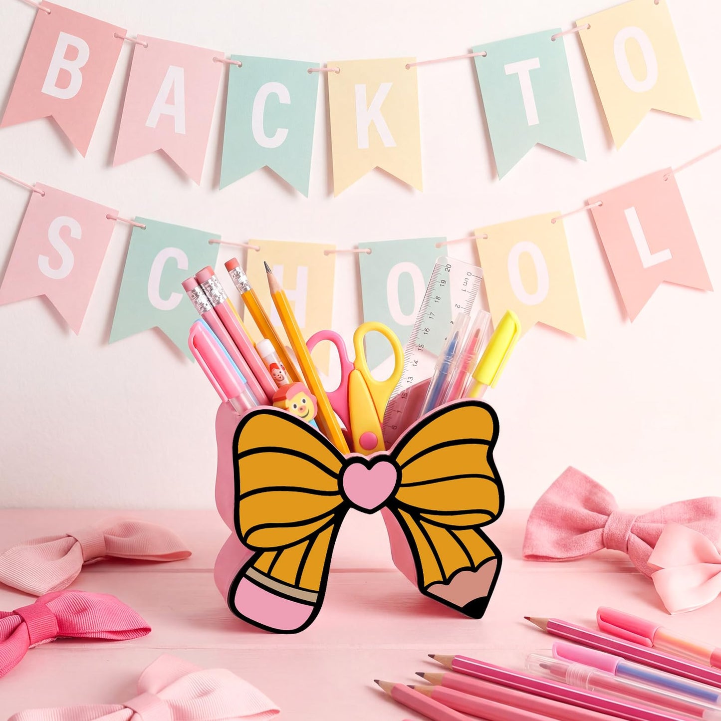 Tenceur Pencil Bow Pen Holder for Desk Large Capacity Bow Pencil Holder Coquette School Supplies Set Desk Organizer Cute Teacher Office Decor Makeup Brush Holders Back to School Gift for Girls Women