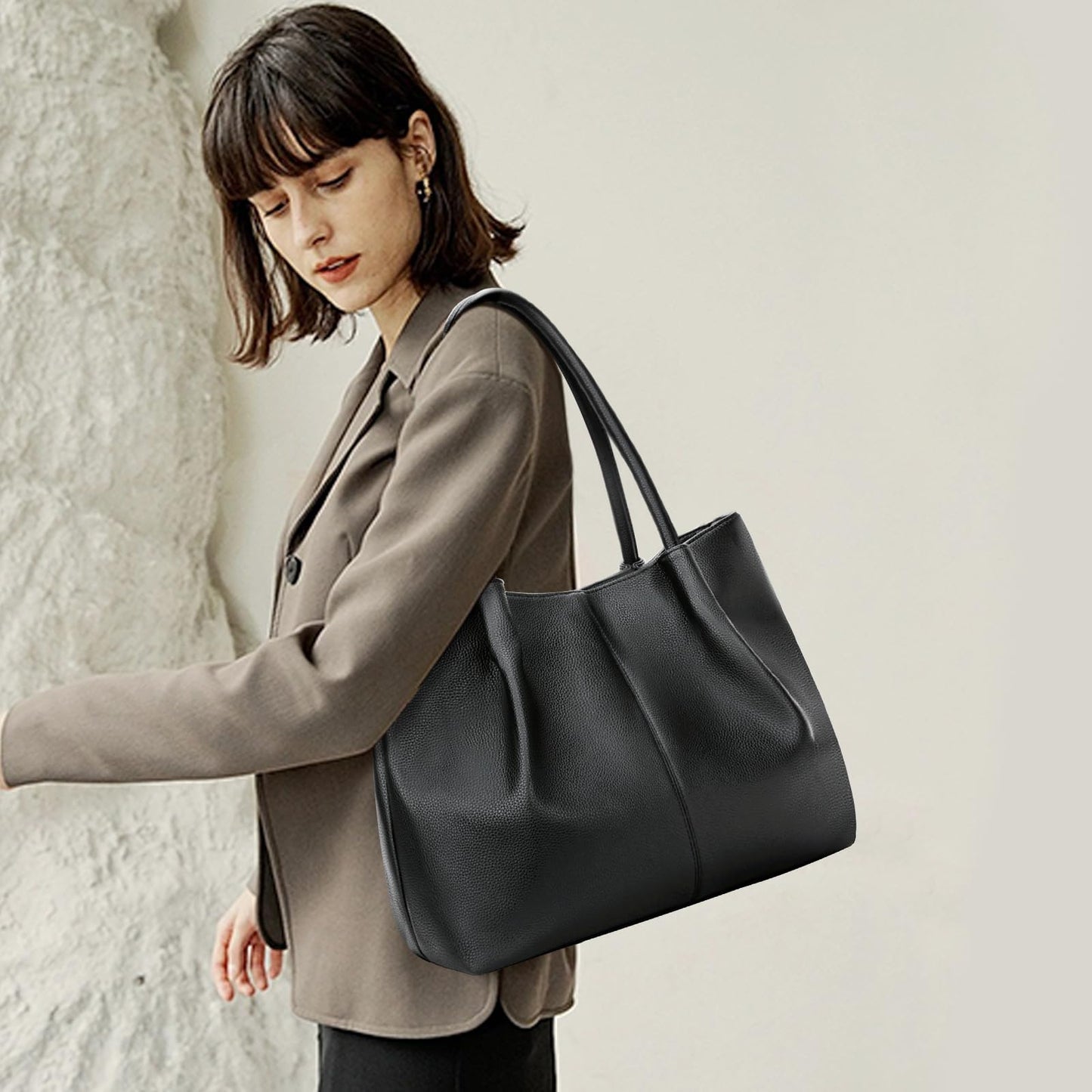 KKXIU Tote Bag for Women Vegan Leather Shoulder Purse Large Capacity Travel Bag (Black)