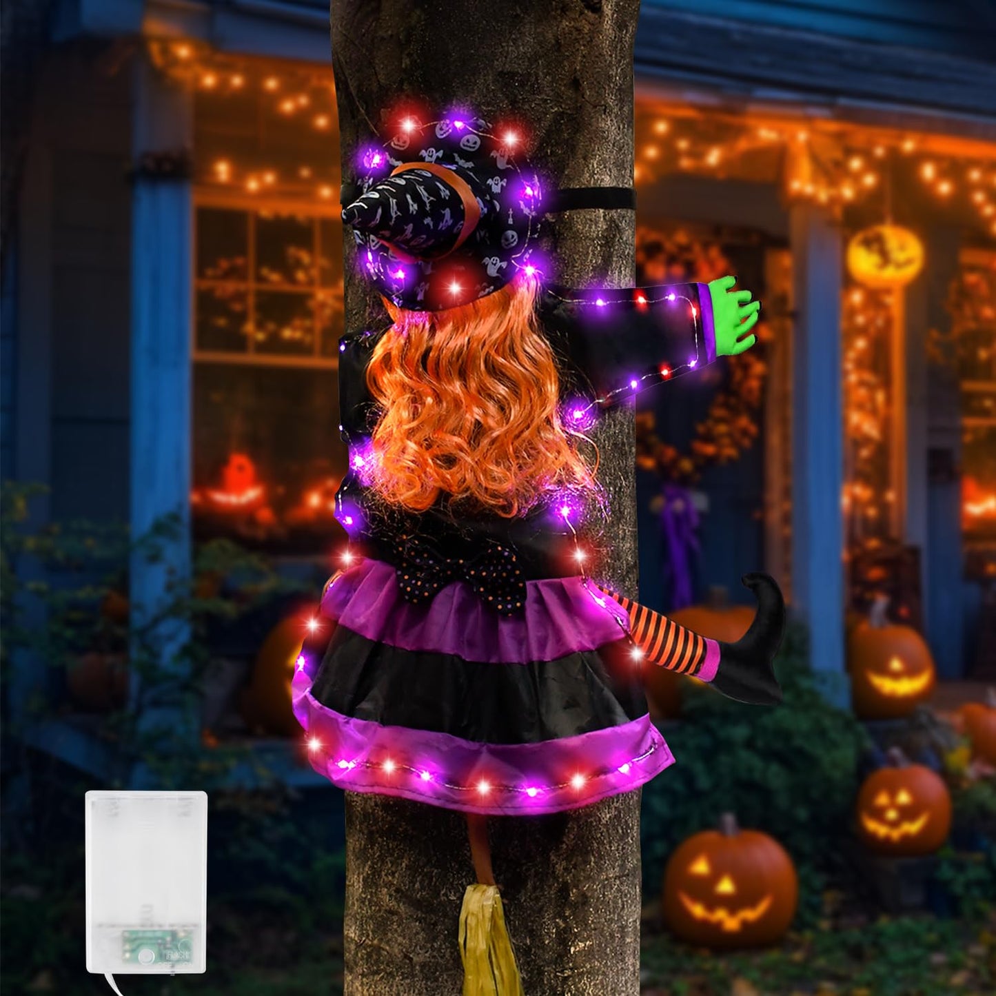 Finphoon Crashing Witch Into Tree Halloween Decoration Lighted Flying Witch Crashing into Tree, Halloween Trees Decorations, Flying Witches Hanging Decor for Yard, Garden, 48" H