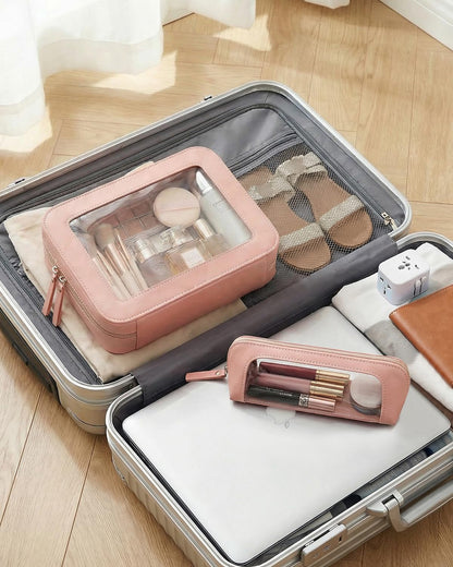 LETGO Clear Travel Makeup Brush Bag, Leather Portable Makeup Brush Bag Organizer Pouch Lipstick Bag Transparent Waterproof Makeup Bag Car Orangizer Storage Bag for Women (Dual Pink)