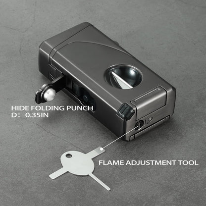 All in One Triple Jet Flame Butane Torch Lighter Built-in Cutter, Cutter V Cut, Punch, Holder Function, Draw Enhancer Tool, Refillable Windproof Gas Lighter, Mens Gifts. Grey(Sold Without Gas) ﻿