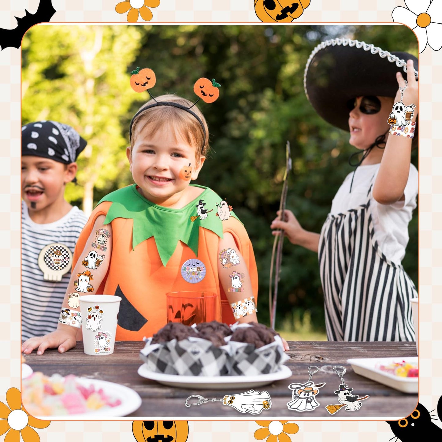 YYMYMGJ 108 PCS Halloween Ghost Party Favors, Cute Ghost Temporary Tattoos Slap Bracelets Stickers Keychains Badges for Halloween Ghost Birthday Party Decorations Supplies