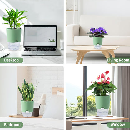 Oliz Plant Pots Indoor 4 Packs Self Watering Pots for Indoor Plants 7.4/6.3/6.3/4.9 inchs, African Violet Pots Planter with Visible Reservoir Self Watering Planter for Herb, House Plant Planting